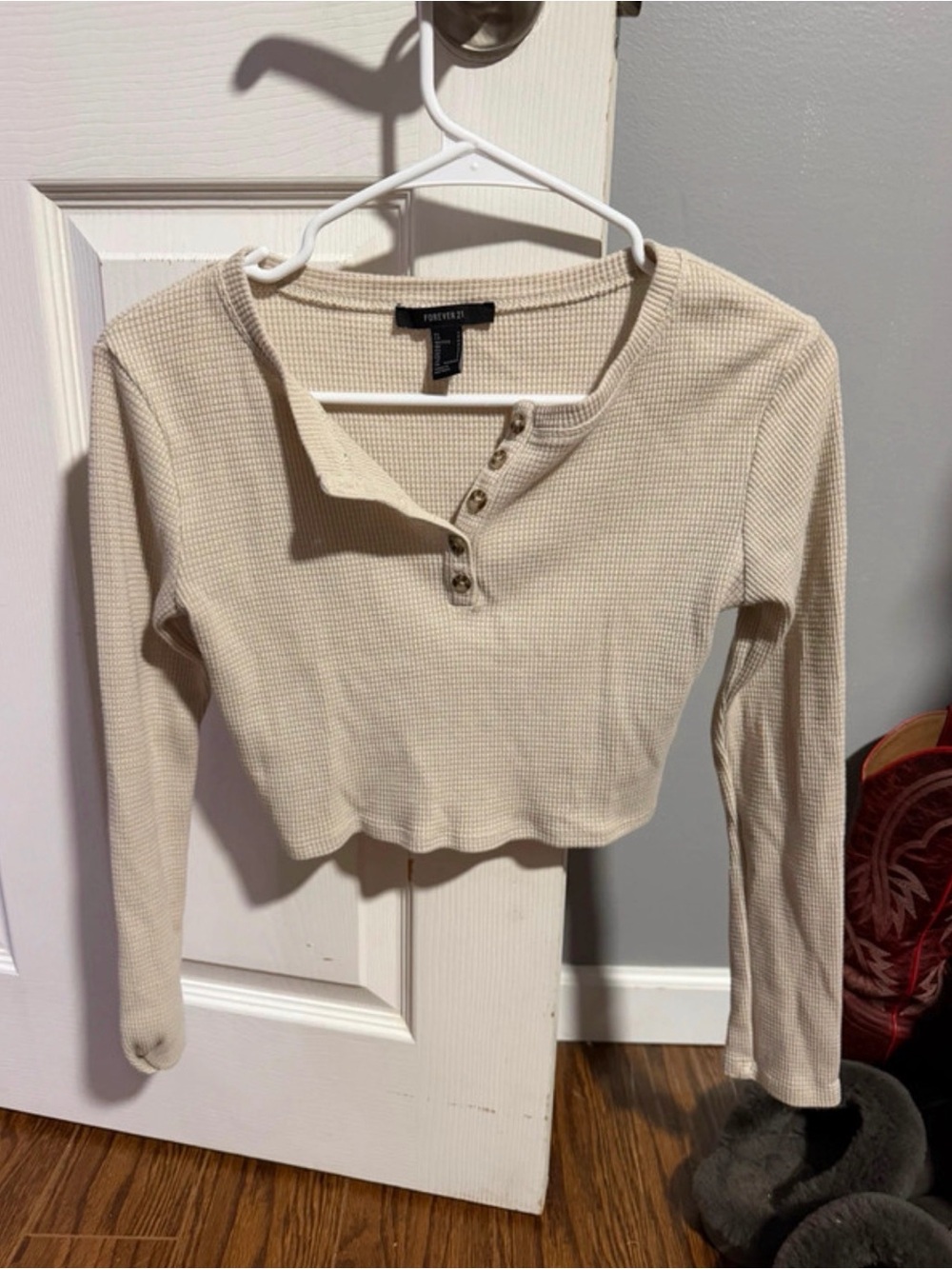 Forever 21 Cream Waffle-Knit Henley Long Sleeve Crop